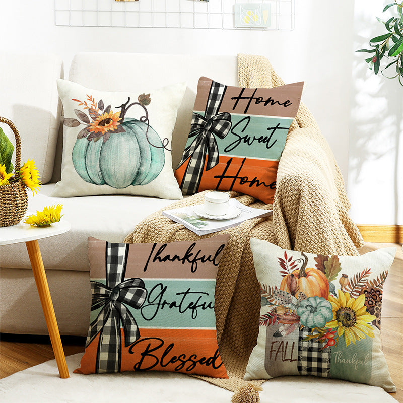 Fall Pumpkin Home Sweet Home Throw Pillow Covers, 18 X 18 Inch Autumn Thankful Grateful Blessed Harvest Floral Decorations For Sofa Couch
