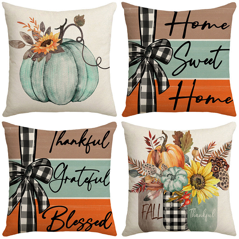 Fall Pumpkin Home Sweet Home Throw Pillow Covers, 18 X 18 Inch Autumn Thankful Grateful Blessed Harvest Floral Decorations For Sofa Couch